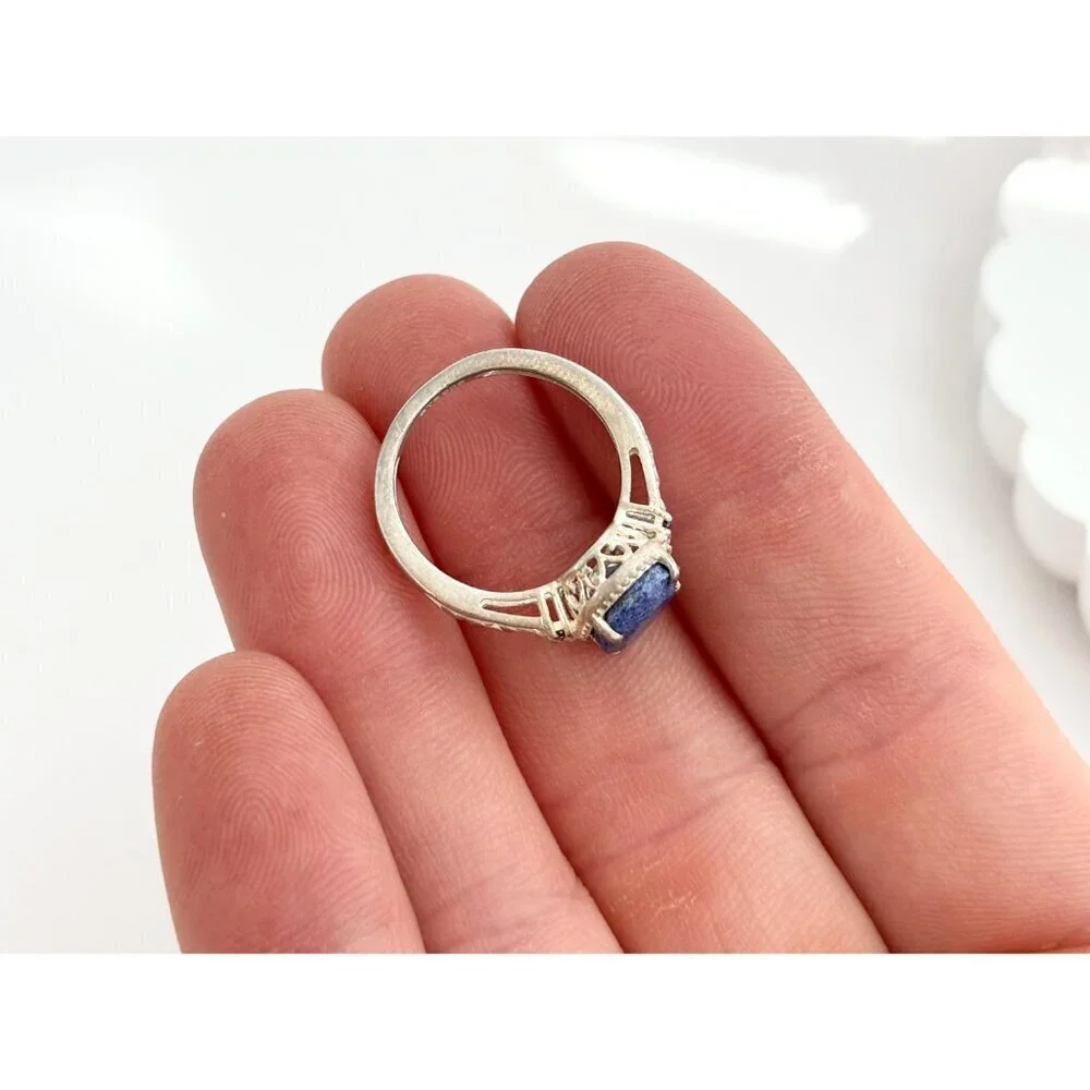 Lapis Lazuli Oval Cut Ornate Cutout Sterling Silver Vintage Ring - sz 4.75 - Picture 7 of 10